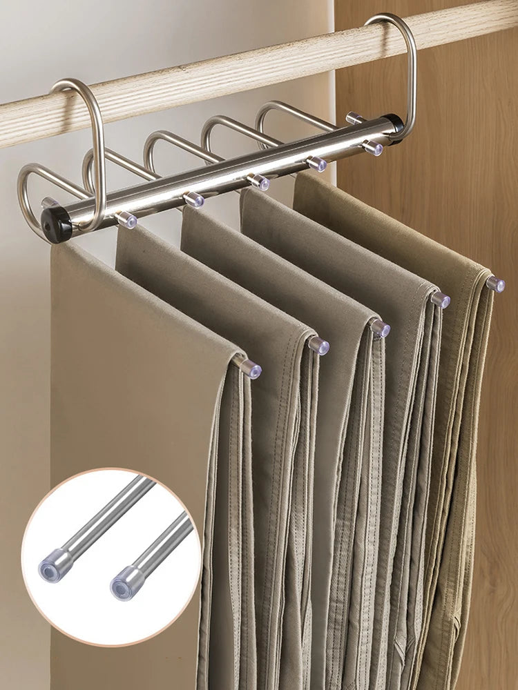 Stainless Steel Folding Pants Hanger – Multi-Layer Magic Clips & Retractable Space-Saving Organizer