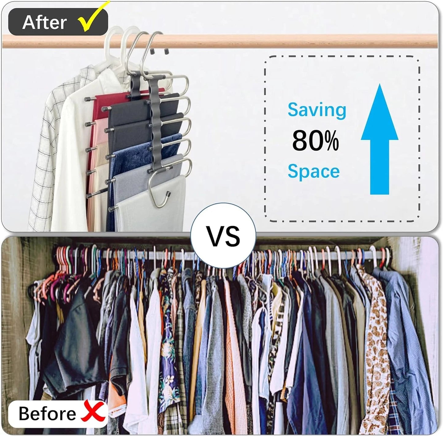 Stainless Steel Folding Pants Hanger – Multi-Layer Magic Clips & Retractable Space-Saving Organizer
