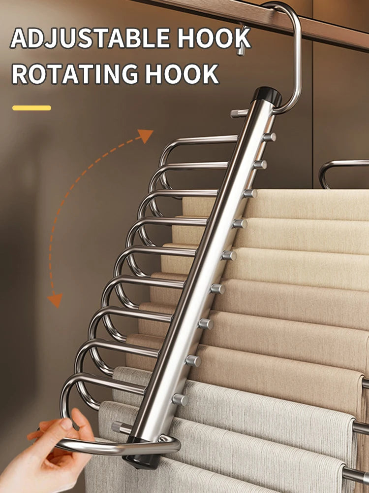 Stainless Steel Folding Pants Hanger – Multi-Layer Magic Clips & Retractable Space-Saving Organizer
