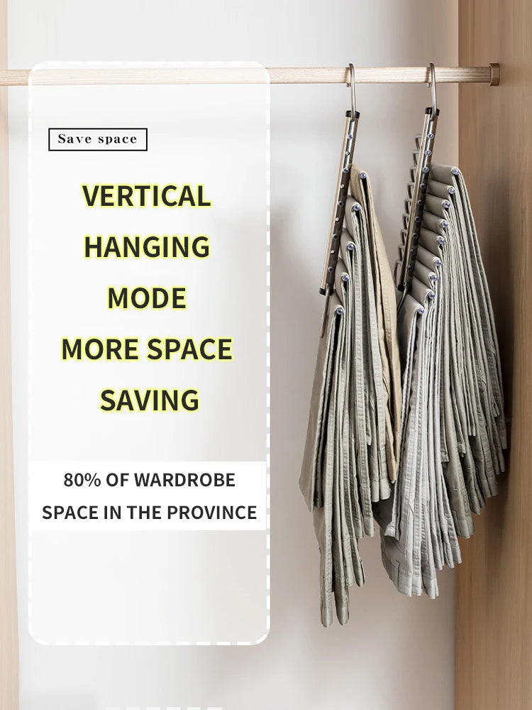 Stainless Steel Folding Pants Hanger – Multi-Layer Magic Clips & Retractable Space-Saving Organizer