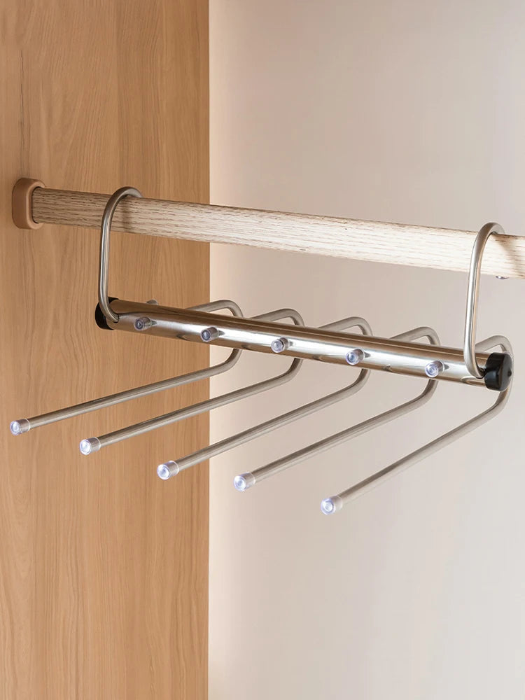 Stainless Steel Folding Pants Hanger – Multi-Layer Magic Clips & Retractable Space-Saving Organizer