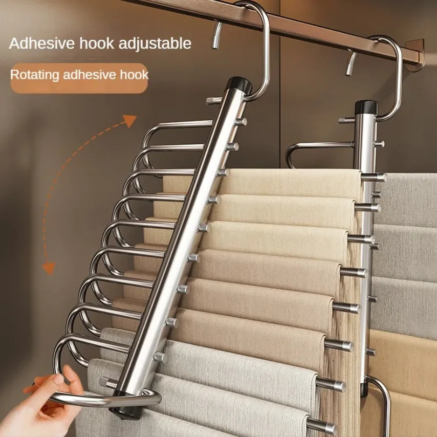 Stainless Steel Folding Pants Hanger – Multi-Layer Magic Clips & Retractable Space-Saving Organizer