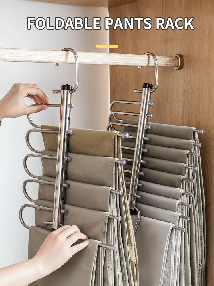 Stainless Steel Folding Pants Hanger – Multi-Layer Magic Clips & Retractable Space-Saving Organizer