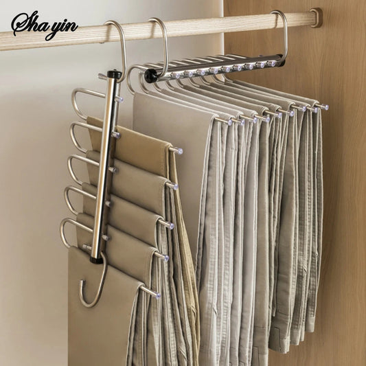 Stainless Steel Folding Pants Hanger – Multi-Layer Magic Clips & Retractable Space-Saving Organizer